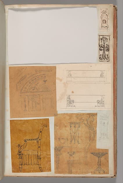 Page from a Scrapbook containing Drawings and Several Prints of Architecture, Interiors, Furniture and Other Objects