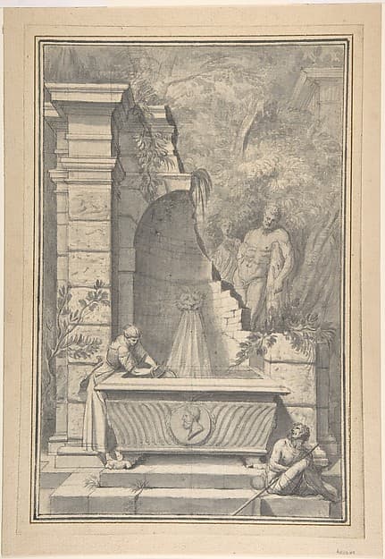 A Woman at a Fountain by a Ruined Temple, the Farnese Hercules in the Background