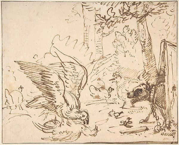 Barnyard Scene: two birds fighting (recto)Studies of Birds(verso)