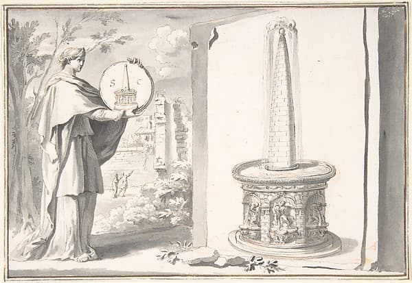 Female Figure Holding a Coin and Image of a Fountain