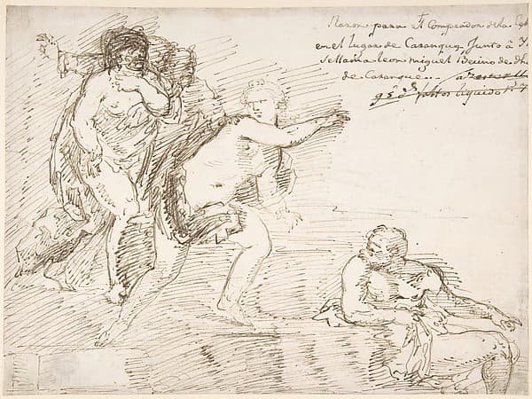 Unidentified Subject with Male Nudes at Left and Right, with a Female Nude at Center