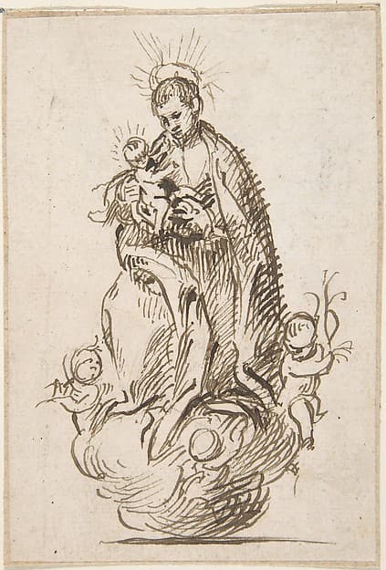 Male Saint (Stanisław Kostka?) standing on clouds supported by putti, holding infant Christ