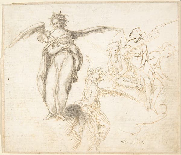 Studies for Five Figures of Angels Standing, and Seated on Clouds