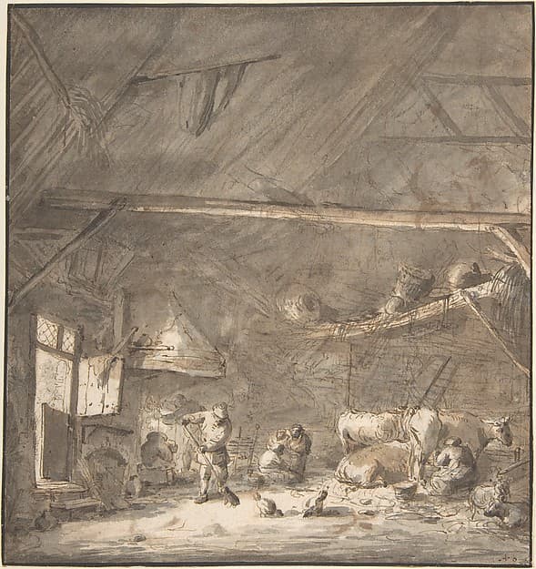 Barn Interior with Peasants and CowsVerso: Six Studies of Peasants