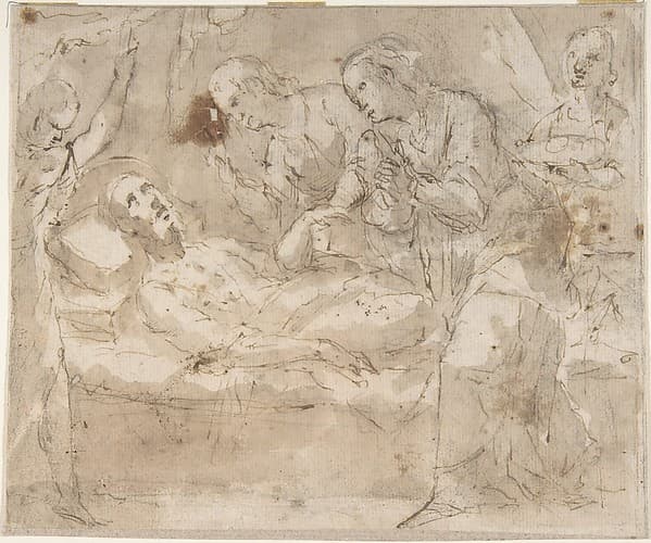Death of a Male Saint (Joseph?) with Four Secondary Figures