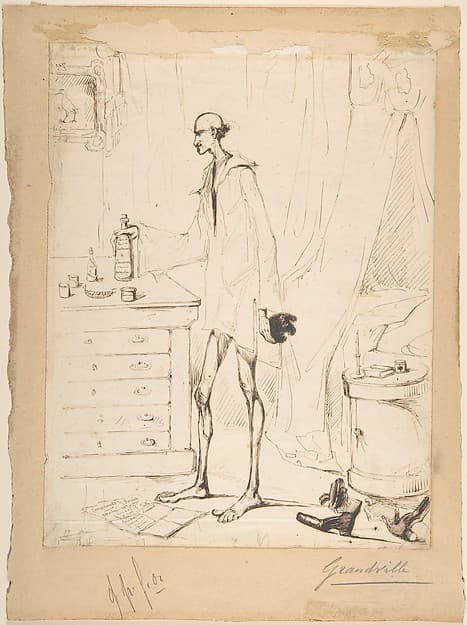 Man in a Nightshirt Reaching for a Bottle Labeled "Fountain of Youth"