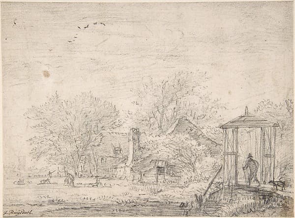 House among Trees, at Right Man and Dog on a Footbridge