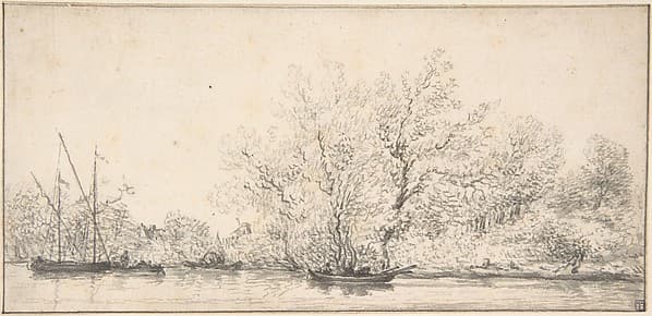 River Scene with Boats before a densely Wooded Bank