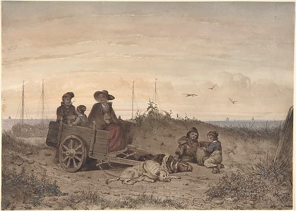 A Fisherman's Family at the Beach, the Mother and One of the Children Sitting in a Cart