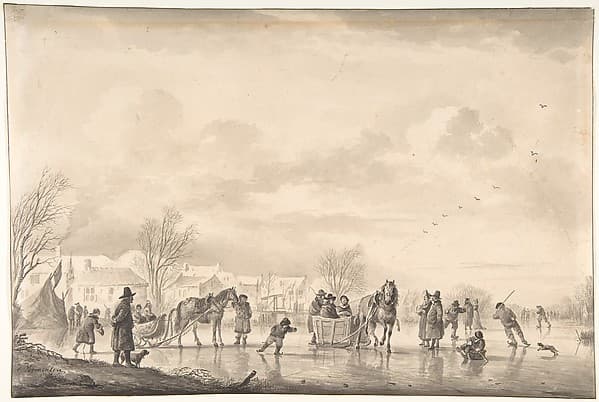 Winter Landscape with Skaters and Horse-Drawn Sledges on the Ice, a Village Below