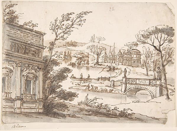 Classical Landscape with Temples (recto); Indecipherable sketch, possibly of a seated figure (verso)