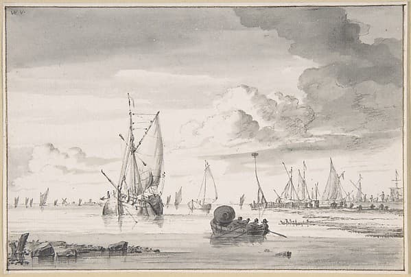 Various Ships and a Rowing Boat on an Estuary