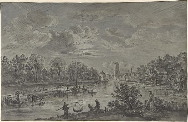 Moonlit view of a river with fishermen and a town in the background
