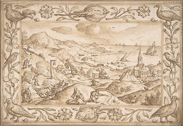 Hilly Coastal Landscape with Hunters, with an elaborate border of Fishes and Birds