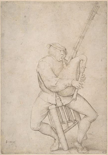 Seated Man, Precariously Balanced, Playing Bagpipes