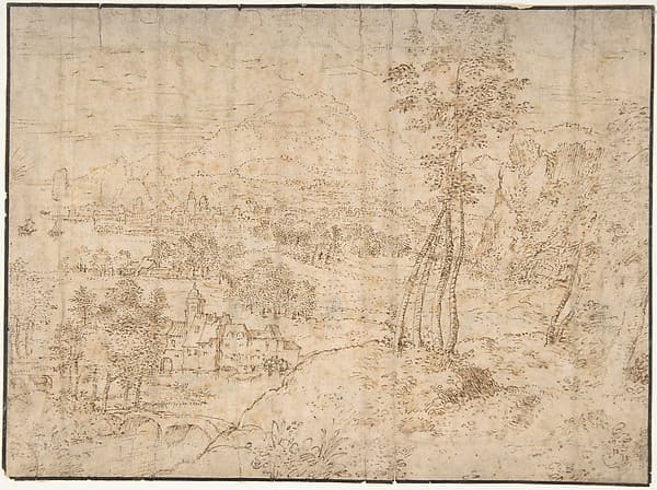 Landscape with a Town by the Seashore and Mountains in the Distance