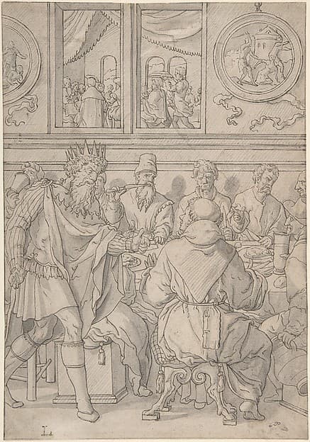 Scene from the parable of the marriage feast (Matthew 22:11-14; The king denouncing the man who was not wearing a wedding robe)