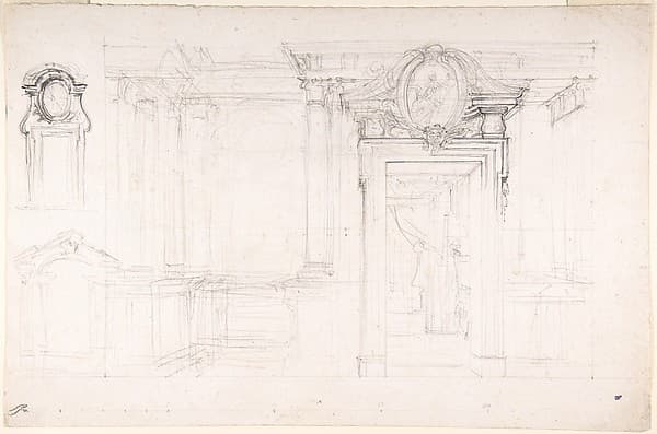 Architectural Sketch for the design of a Wall with Doorway, with two smaller sketches for the design of windows or doorways (recto); Sketches for a plan and partial perspective view of ceiling (verso)
