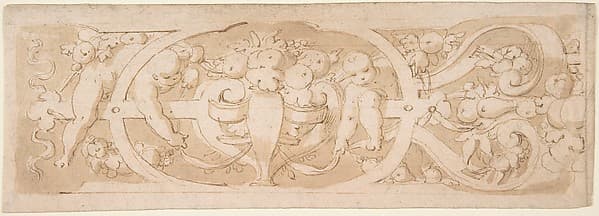 Frieze with Fruit, Foliage and Putti Climbing through Strapwork