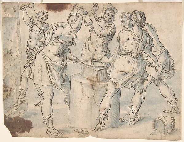 Five Men Around an Anvil, verso: Figures in a Wood (The Preaching of Saint John the Baptist?)