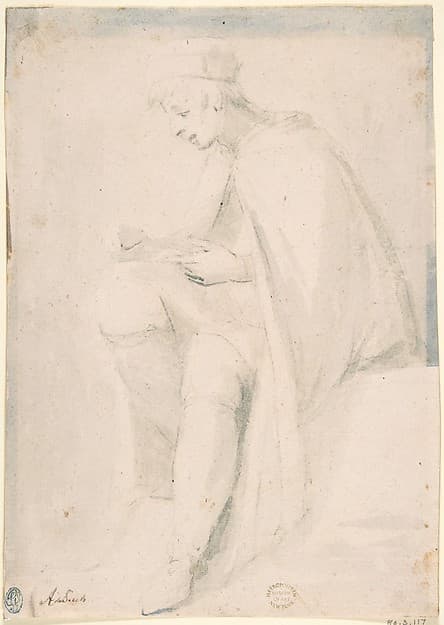Man Seated, Writing on His Knee