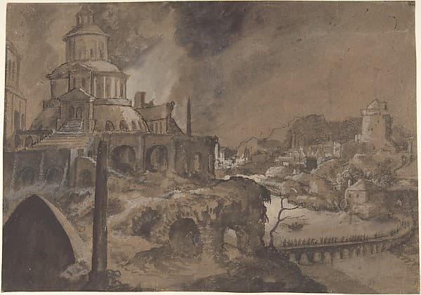 Fantastic Landscape with Figures Crossing a Bridge