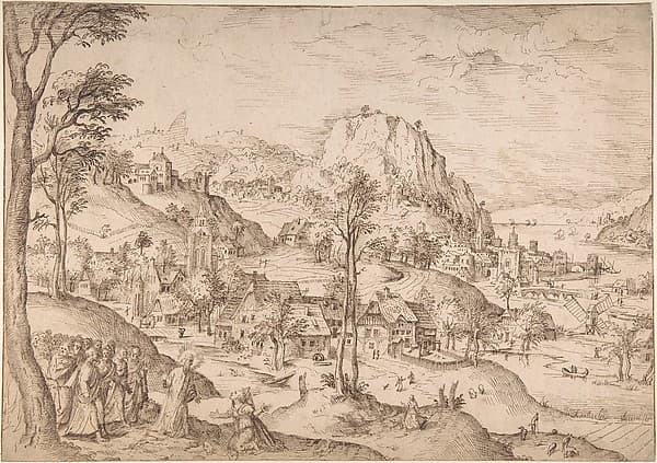 Panoramic Mountainous Estuary Landscape, with Christ and the Woman of Canaan