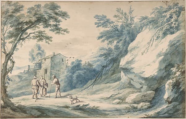 A landscape with travelers, a ruined building and a fortified town