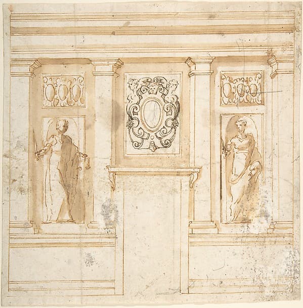 Elevation of a wall with partial pilasters, reliefs, and niche figures