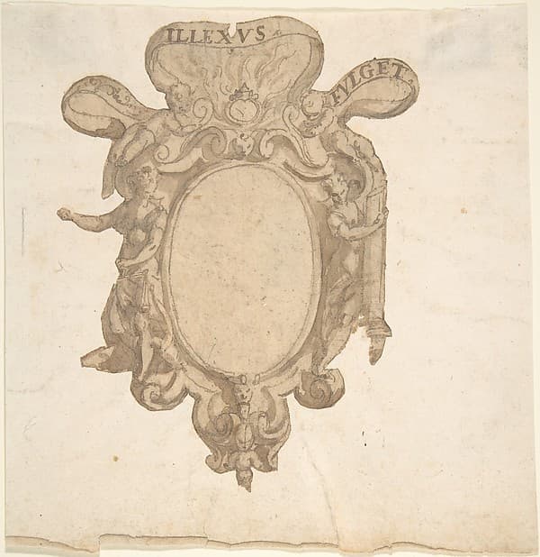 Design for a Coat of Arms Surmounted by a Ring with Allegorical Figures of Justice and Fortitude