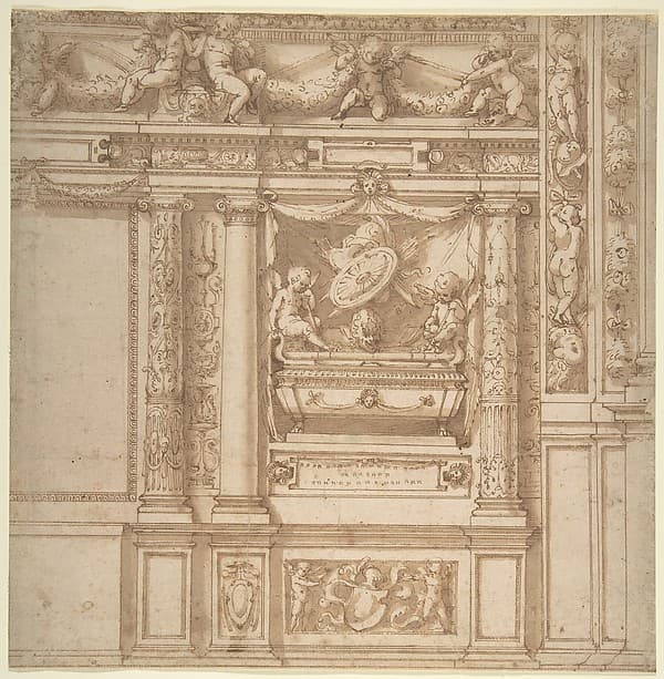 Design for Wall Decoration with a Funeral Monument Decorated with Columns and Putti Holding Garlands.