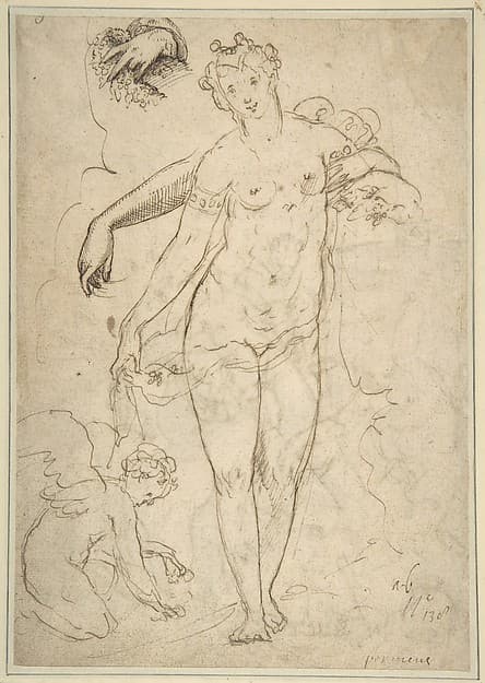 Standing Nude Female and Putto with Studies of a Hand and an Arm (recto); Satyrs destroying a Female Herm (verso)