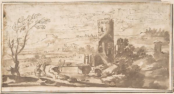 Landscape with Round Tower and Figures Crossing a Bridge