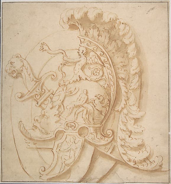 Design for a Trophy with Sword and a Plumed Helmet Decorated with Grotesques Masks, Classical Motifs.