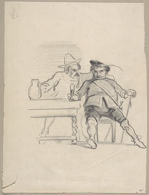 Two male figures seated at a table, drinking