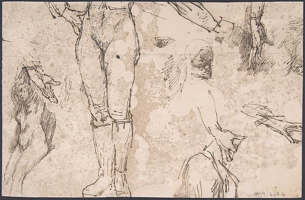 Studies of Female Nude, Hands, and Male Torso (recto); Landscape (verso)