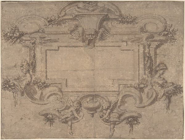 Design for a Cartouche or Wall Panel with Scrollwork, Masks and Female Figures