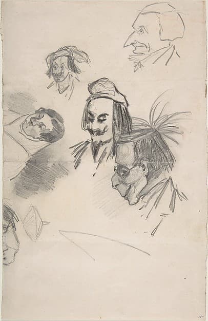 Sketches of Six Heads in Profile (caricatures?) (recto); Sketch of Head and Blank Rectangle (verso)
