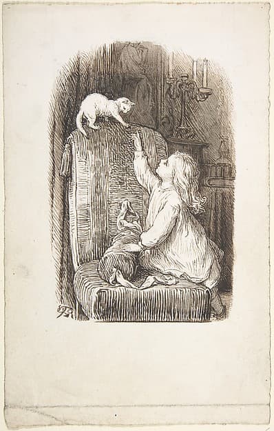 Child Climbing a Chair to Reach for a Kitten