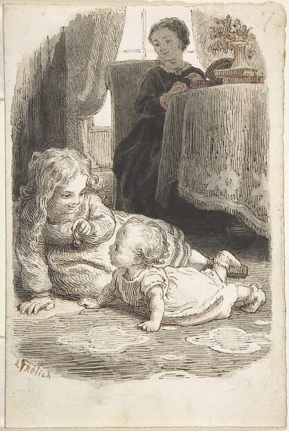 Mother Watching Over Two Young Children Playing (recto); Baby in a Bassinet (verso)