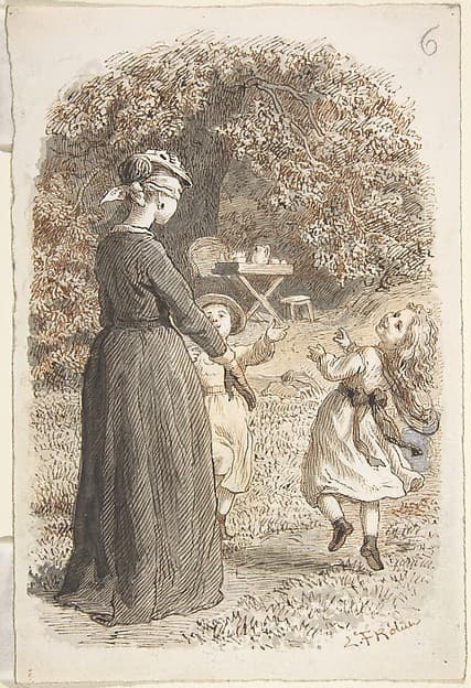 A Mother and Two Children Playing Blind Man's Bluff