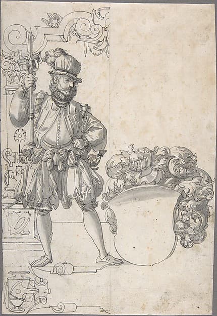 Design for Stained Glass: A Halbardier by an Unfinished Coat of Arms