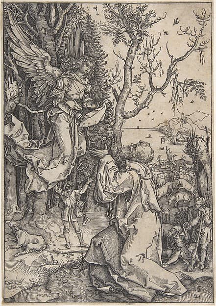 Recto: Joachim and the Angel; Verso, in upper right hand corner: three figures with loose draperies