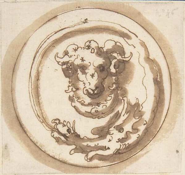 Heraldic Device: A Circular Design with a Ram's Head Framed by a Dragon Biting its Own Tail