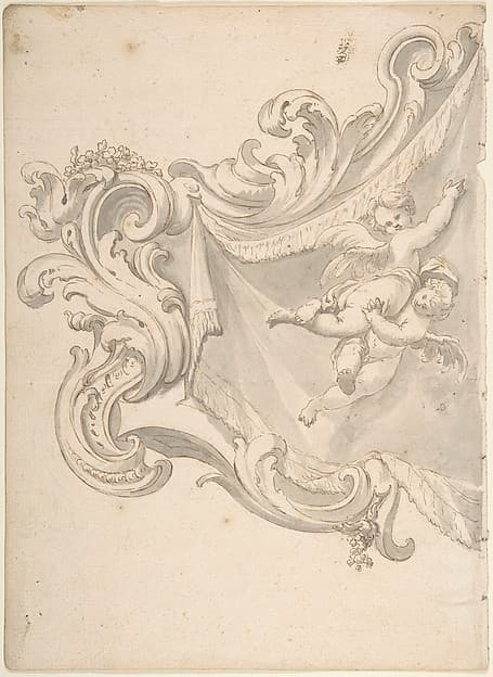 Design for a Crest with Drapery and Two Putti