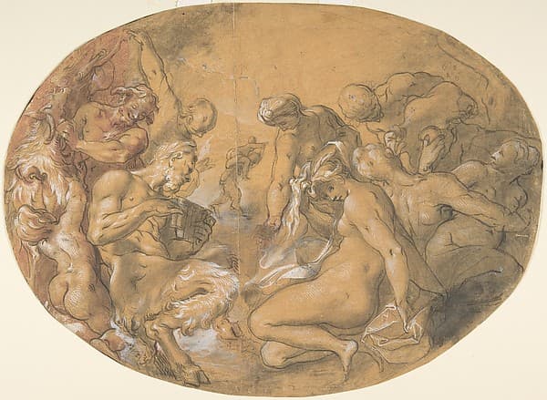 Satyrs and Nymphs; verso: partial counterproof of Heintz's "Studies for the Flight into Egypt" in The Courtauld Gallery, London