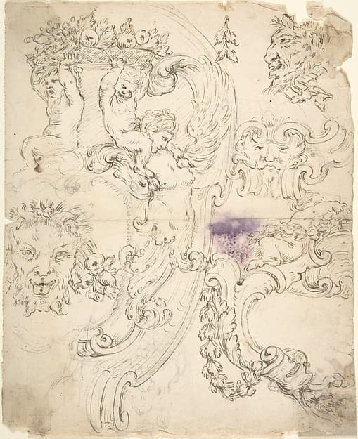 Various Sketches for Cartouches, with Satyr Heads, Putti, etc.
