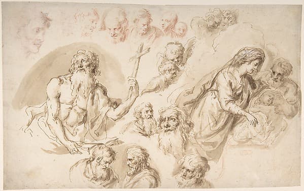Study for a Nativity, Bearded Male Saint, and Head Studies (recto); Two Head Studies (verso)