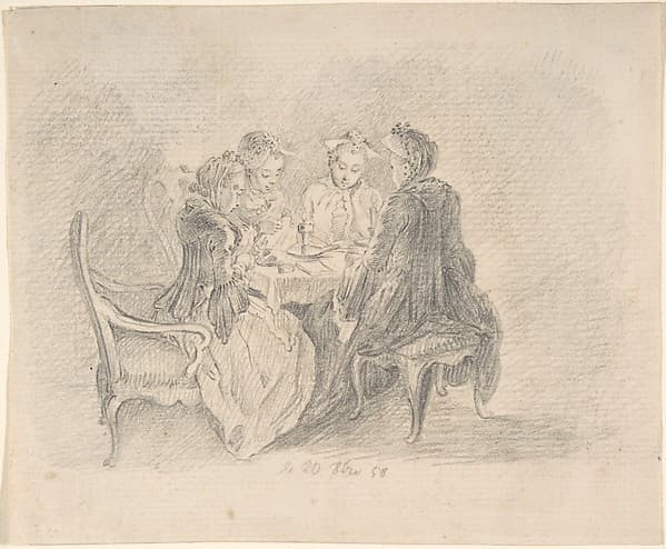 Four Ladies Sitting around a Table Occupied with Needlework, Reading, and Writing; verso: Study of a Woman with Needlework