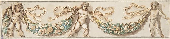 Classicizing Frieze with Three Putti holding up a Garland